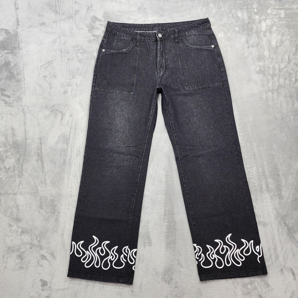Manfinity Jeans Mens XL 38x30 Black Straight Flame Hem Baggy Rock Graphic Denim